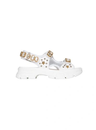 Shop Gucci Leather And Mesh Sandal With Crystals In White In Bianco