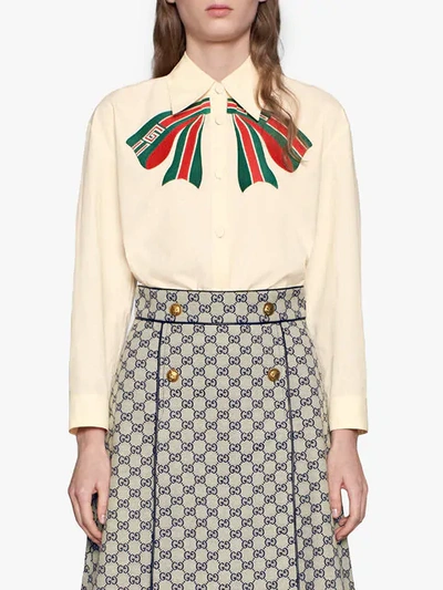 Shop Gucci Poplin Shirt With  Stripe Bow - White