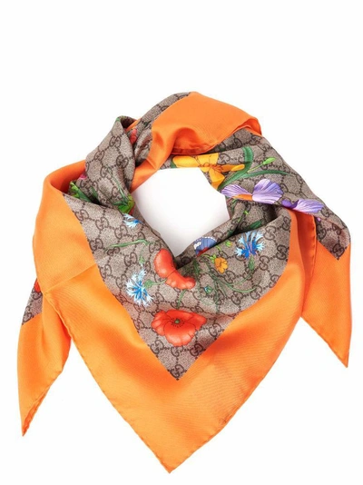 Shop Gucci Gg Flora Printed Silk Scarf In Orange