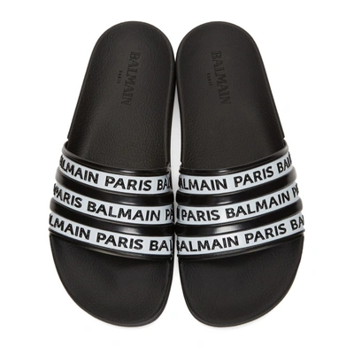 Shop Balmain Black And White Logo Slides In Eab Noir/bl