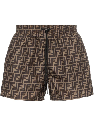 Shop Fendi Ff Logo Print Swim Shorts - Brown