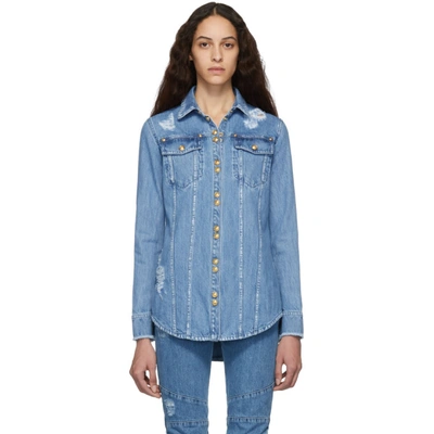 Shop Balmain Blue Denim Ripped Shirt In 6ff Bluejea