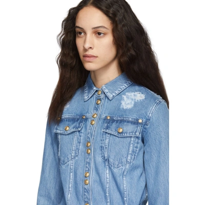 Shop Balmain Blue Denim Ripped Shirt In 6ff Bluejea