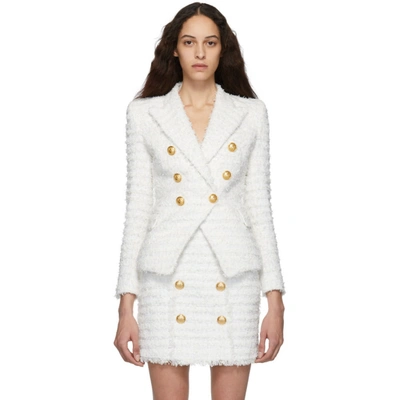 Shop Balmain White Tweed Blazer In 0fa White