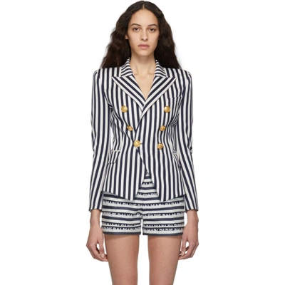 Shop Balmain Blue And White Striped Double-breasted Blazer In Saj Mar/blk