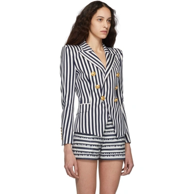 Shop Balmain Blue And White Striped Double-breasted Blazer In Saj Mar/blk