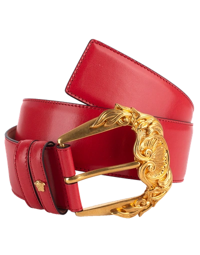 Shop Versace Gold Buckle Wide Leather Belt In Red