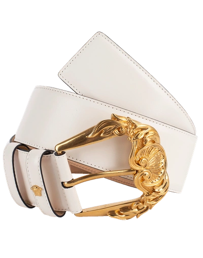 Shop Versace Gold Buckle Wide Leather Belt In Off-wht