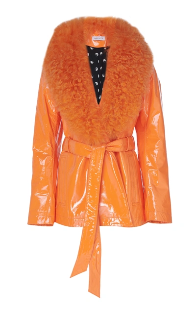 Shop Saks Potts Ritual Gloss Fur-trimmed Patent Leather Jacket In Orange