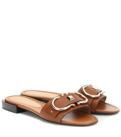 Shop Ferragamo Solar Leather Slides In Brown