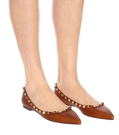 Shop Valentino Rockstud Leather Ballet Flats In Brown