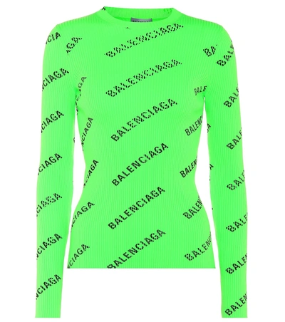 Shop Balenciaga Allover Logo Ribbed-knit Sweater In Green