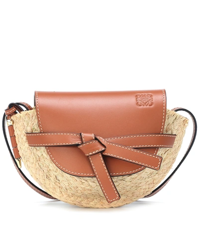 Shop Loewe Gate Mini Raffia Crossbody Bag In Brown
