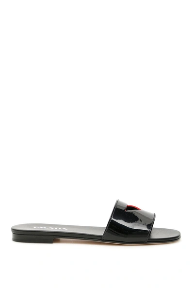 Shop Prada Patent Slides With Cut-out Triangle In Nero|nero