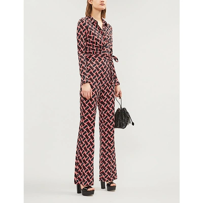 Shop Diane Von Furstenberg Michele Geometric-print Silk-jersey Jumpsuit In Vintage Weave Black