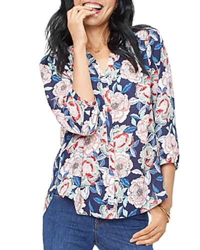 Shop Nydj Three Quarter Sleeve Printed Pintucked Back Blouse In Wild Roses Peacoat