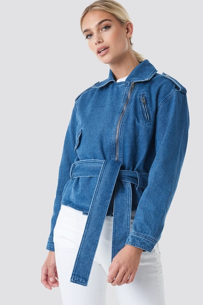 Shop Na-kd Dropped Shoulder Denim Biker Jacket - Blue In Mid Blue