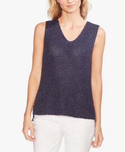 Shop Vince Camuto Speckled Shiny Sleeveless Knit Top In Classic Navy
