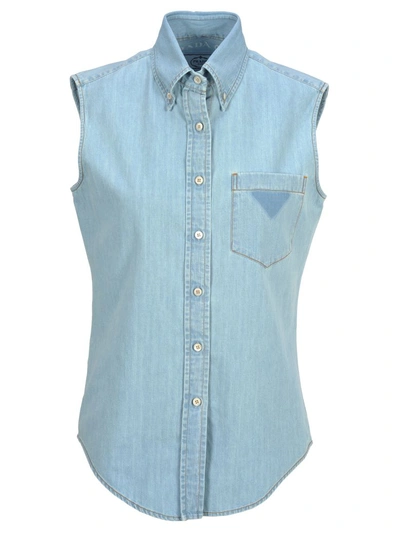 Shop Prada Sleeveless Denim Shirt In Light Blue