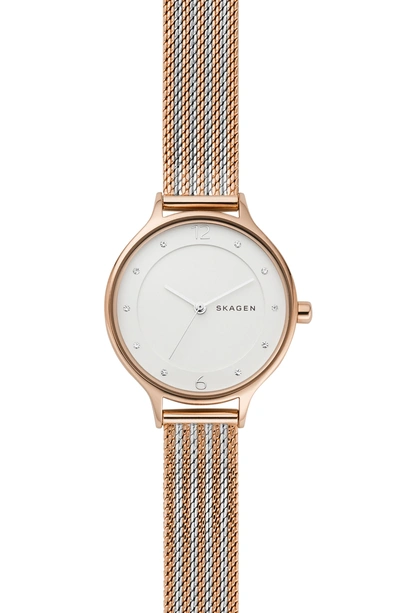 Shop Skagen 'anita' Crystal Index Mesh Strap Watch, 30mm In Rose Gold/ Silver/ White