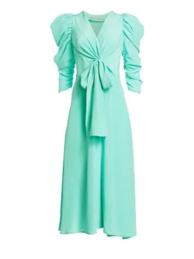 Shop Silvia Tcherassi Hel Silk Bow Puff-sleeve Midi Dress In Aqua