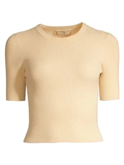 Shop Michael Kors Stretch Cropped Rib-knit Tee In Vanilla
