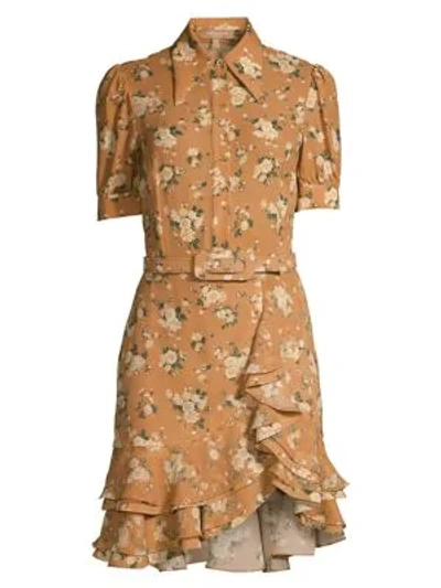 Shop Michael Kors Women's Belted Floral Silk Ruffle Shirtdress In Tan Multi