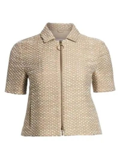 Shop Akris Punto Tweed Wool-blend Short Sleeve Zip Jacket In Cord Cream