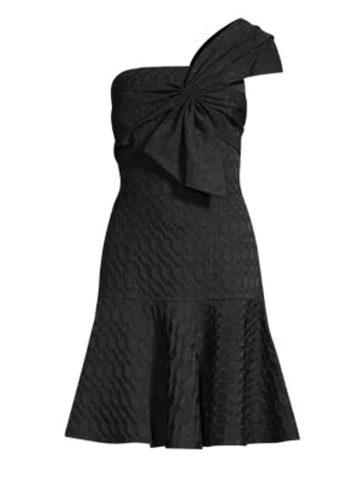 Shop Josie Natori Textured Geometric Jacquard One-shoulder A-line Dress In Black