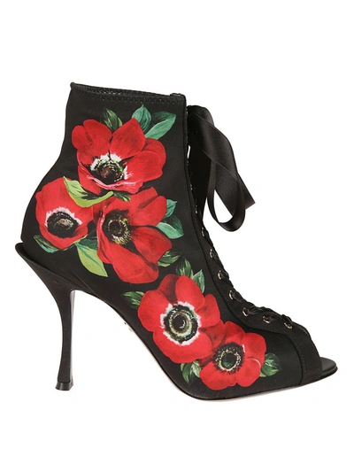 Shop Dolce & Gabbana Floral Print Ankle Boots In Black