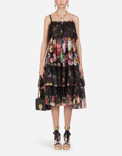 Shop Dolce & Gabbana Floral Chiffon Dress With Lace Ruffles In Floral Print