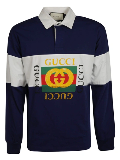 Shop Gucci Logo Print Polo Shirt In Ink