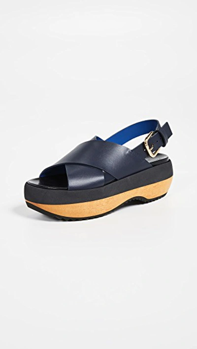 Shop Marni Wedge Slingback Sandals In Navy Blue