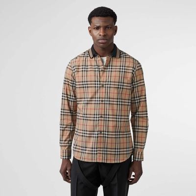 Shop Burberry Icon Stripe Detail Vintage Check Cotton Shirt In Archive Beige