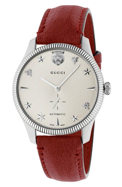 Shop Gucci G-timeless Leather Strap Watch, 40mm In Red/ White/ Silver