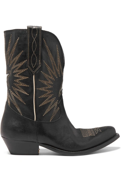 Shop Golden Goose Wish Star Low Embroidered Textured-leather Boots In Black