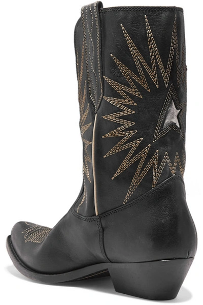 Shop Golden Goose Wish Star Low Embroidered Textured-leather Boots In Black