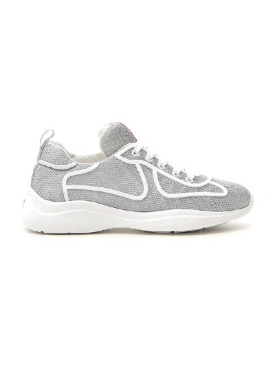 Shop Prada Logo Knitted Sneakers In Grey
