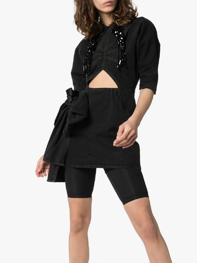 Shop Miu Miu Crystal-embellished Cutout Denim Mini Dress In Black