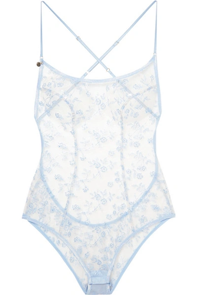 Shop Agent Provocateur Zadi Satin-trimmed Embroidered Tulle Bodysuit In Sky Blue