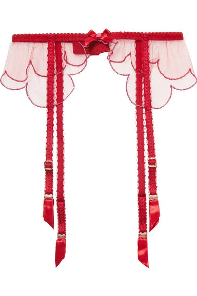 Shop Agent Provocateur Lorna Scalloped Metallic-trimmed Tulle Suspender Belt In Red
