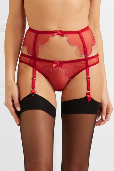 Shop Agent Provocateur Lorna Scalloped Metallic-trimmed Tulle Suspender Belt In Red