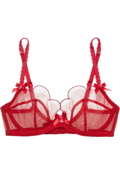 Shop Agent Provocateur Lorna Scalloped Metallic-trimmed Tulle Underwired Bra In Red