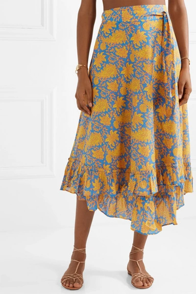 Shop Apiece Apart Feliz Printed Cotton And Silk-blend Voile Wrap Skirt In Yellow