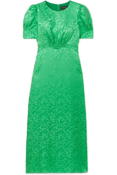 Shop Saloni Bianca Silk-satin Jacquard Midi Dress In Green