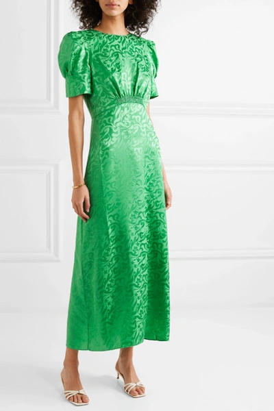 Shop Saloni Bianca Silk-satin Jacquard Midi Dress In Green