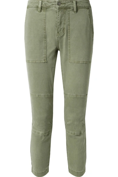 Shop Current Elliott The Weslan Lace-up Cotton-blend Twill Slim-leg Pants In Army Green