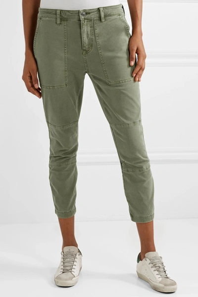 Shop Current Elliott The Weslan Lace-up Cotton-blend Twill Slim-leg Pants In Army Green