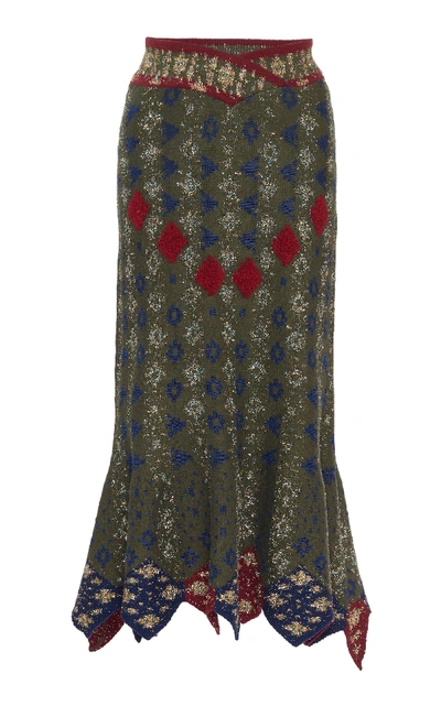 Shop Peter Pilotto Printed Cotton-wool Midi Skirt In Green