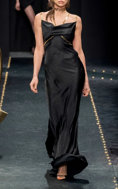 Shop Versace Draped Satin Chain Link Dress In Black